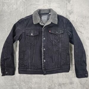 Levis Sherpa Trucker Jacket Mens Small‎ Black Denim Faux Fur Lined Winter Warm